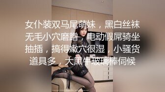 女仆装双马尾萌妹，黑白丝袜无毛小穴磨蹭，电动假屌骑坐抽插，搞得嫩穴很湿，小骚货道具多，大黑牛玻璃棒伺候